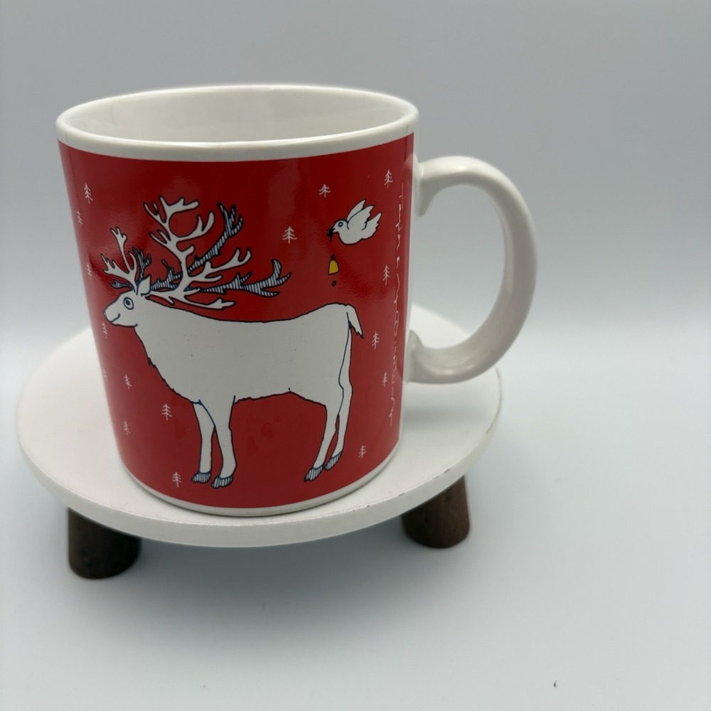 Taylor & Ng 1980s Coffee Mug Joyous Noel Reindeer Birds With Bells Red Japan